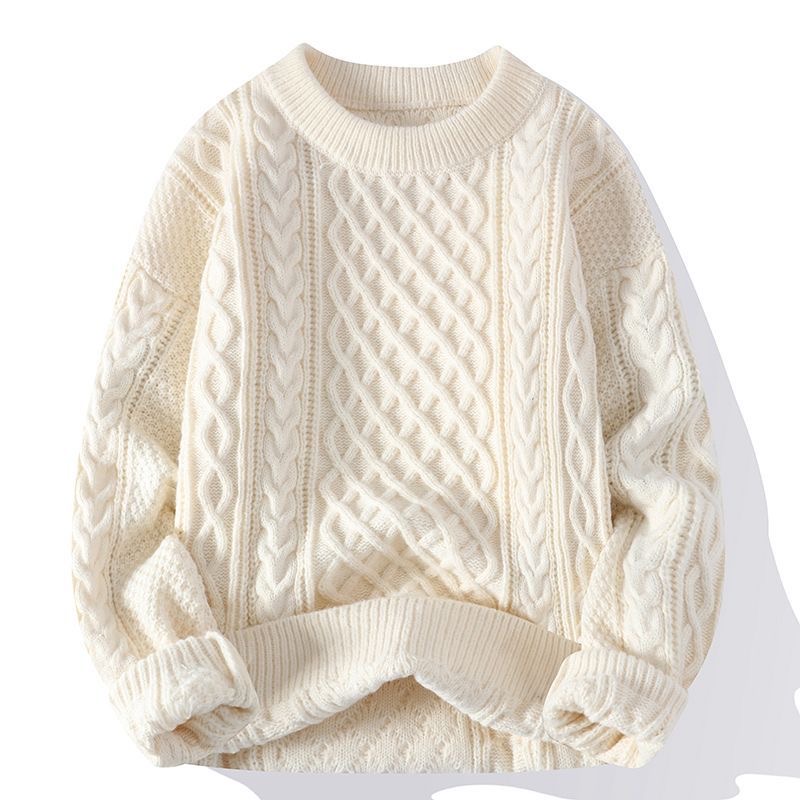 Mens Sweater Solid Color Twist Warm Fashion Knit Sweater Casual Round Neck Pullover Sweater