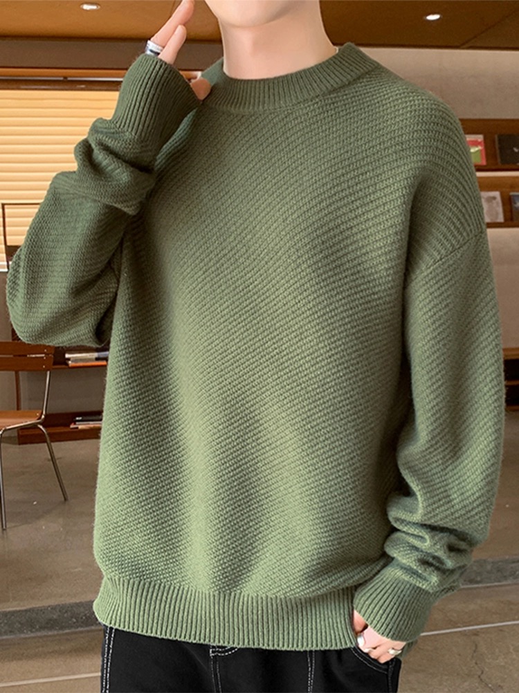 Men's Long Sleeve Sweater Round Neck Pullover Knit Solid Color Fashion Sweater