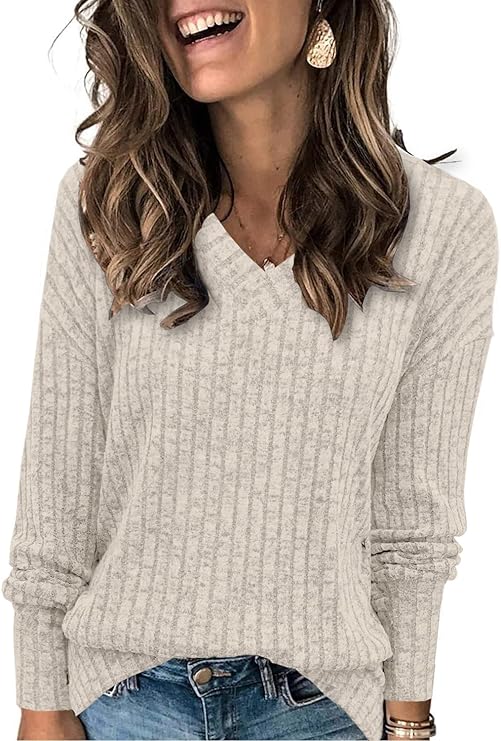 Womens Sweatshirts V Neck Long Sleeve Shirts Loose Casual Fall Fashion Sweaters S-2XL